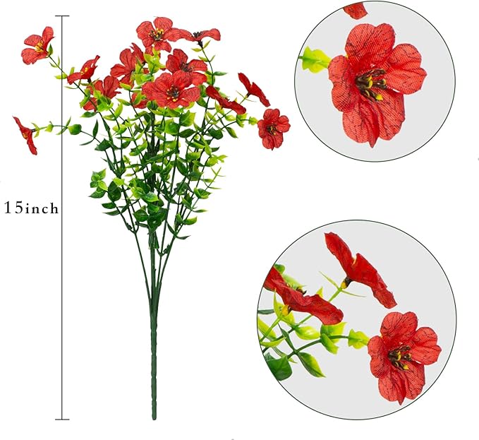 16 Bundles Artificial Flowers Outdoor Spring Summer Decoration Fake Silk Colorful Daisy Eucalyptus Realistic UV Resistant Outside Faux Plants for Garden Porch Window Box Home Decor(Red)