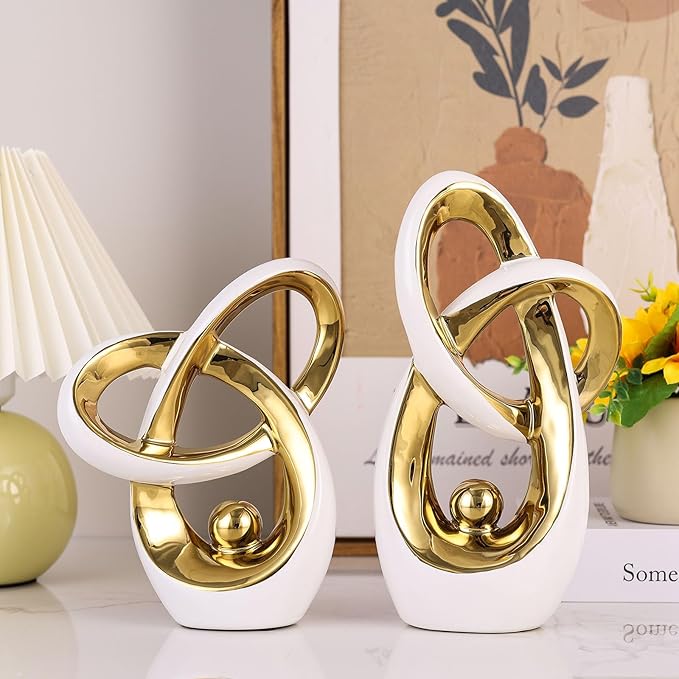 White Gold Modern Abstract Art Home Decor Accent,Statues Coffee Table Decor for Living Room,Table Centerpieces for Dining Room,Ceramic Sculptures and Gold Knick Knacks for TV Stand Decor