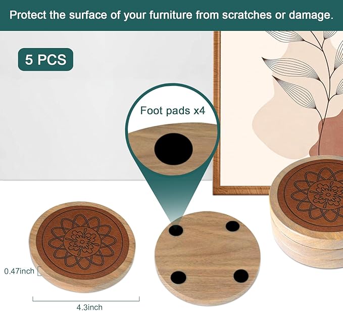 5 Pack Wood Coasters for Drinks, Minacun Absorbent Coaster Set, Drinks Coasters for Coffee Tabletop Protection, Non-Slip, Non-Stick, Suitable for Kinds of Cups Wooden Table Drink, 4.3 Inch Brown