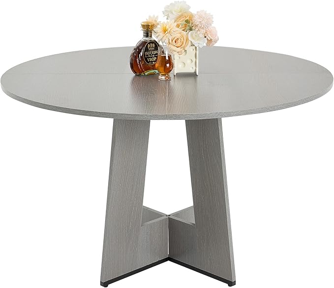 VEVOR Round Dining Table, 47 inch Wood Table for 4-6 Person, Farmhouse Circle Dinner Furniture, Rustic Leisure Tables with Thick Wooden Legs, for Home Kitchen Living Room, Grey (Only Table)