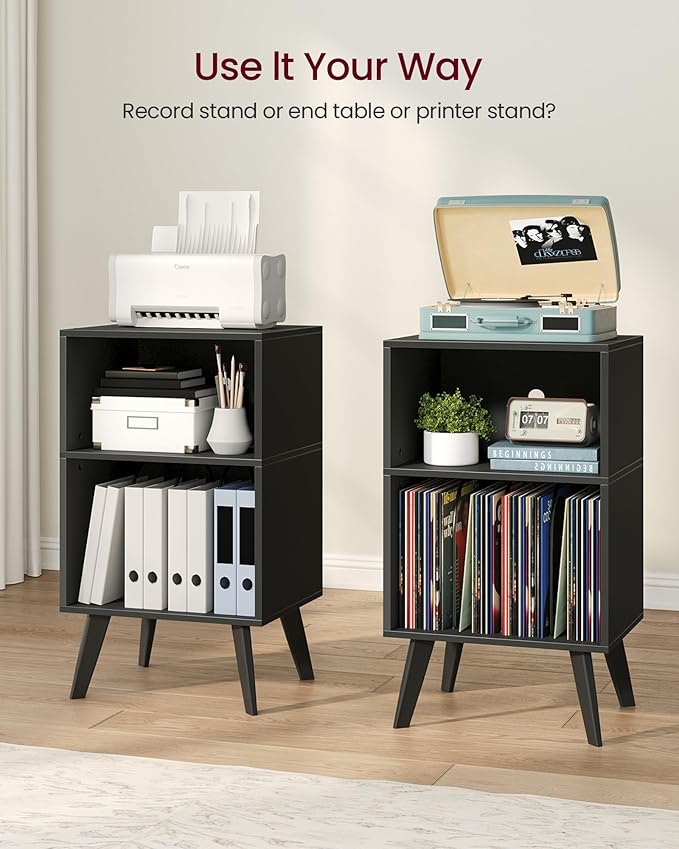 Record Player Stand, 3-Tier Side End Table with Charging Station, Turntable Stand Up to 160 Albums, Vinyl Storage Cabinet Dispaly Shelf for Living Room, Classic Black