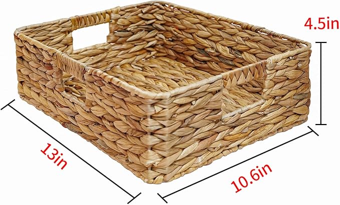 Rectangular Water Hyacinth Storage Baskets, Wicker Storage Baskets for Shelves, Square Shallow Basket, Woven Drawer Basket With Handle, 13” L x 10.6” W x 4.5” H