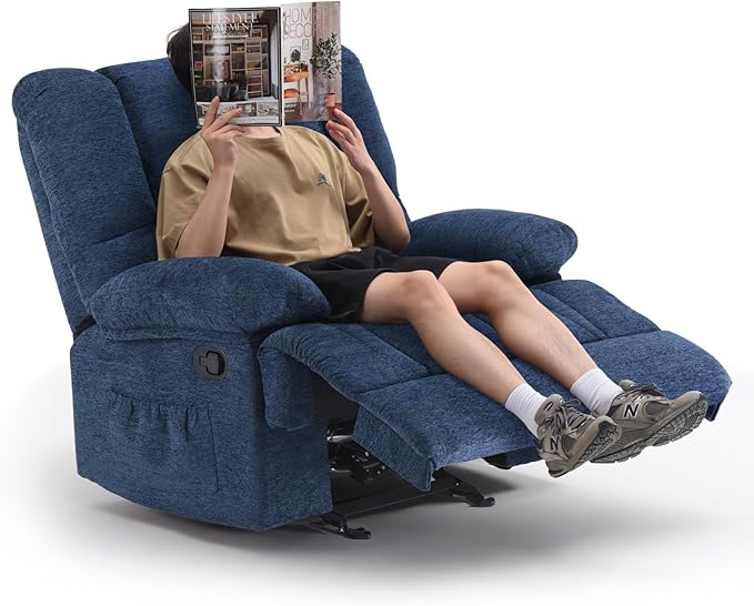 Oversized Rocker Recliner Chair, Wide Rocker Chair with Adjustable Backrest Footrest, Oversized Recliner for Adults, Reclining Sofa for Living Room, Blue