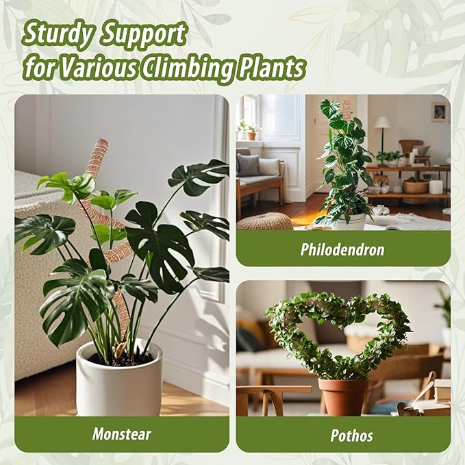 3 Pack Moss Pole, 28" 48" 63" Monstera Plant Support for Climbing Indoor Plants, Bendable Coco Coir Plant Support Stakes for Potted Plants, Pothos, Philodendron