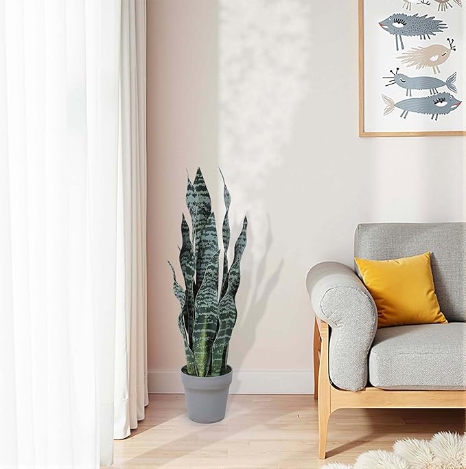 Artificial Snake Plant 25Inch Fake Sansevieria Faux Silk Potted Plant Artificial Mother in Law Tongue Plant for Indoor Outdoor Home Office Garden Decor Green