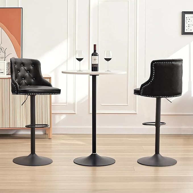 Modern Counter Stools Set of 2, Swivel Counter Height Bar Stools with Back and Armrests, 25'' to 33'' Adjustable Height PU Leather Bar Chairs with Rivets for Kitchen Island, Black