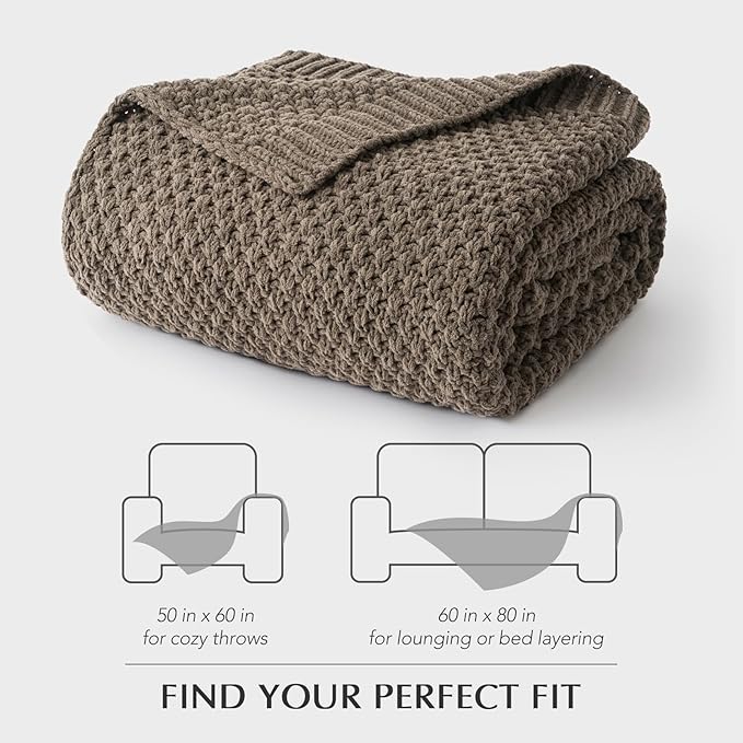 EVERGRACEHOME Chunky Chenille Knit Throw Blanket for Couch, Soft Luxurious Moss Stitch Blankets for Bed, Cozy Decorative Farmhouse Knitted Throws for Sofa, Mocha Brown, 50" x 60"