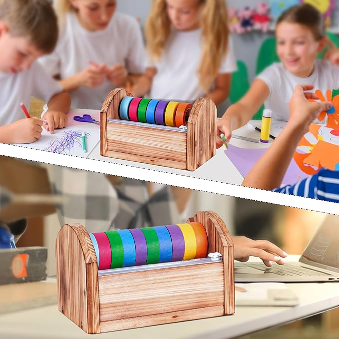 Wooden Masking Tape Dispenser for Kids - Colored Masking & Washi Tape Holder with Sliding Cutter, Multi Roll Craft Tape Dispenser Organizer for Children Gift Wrapping (Slide Cutter)
