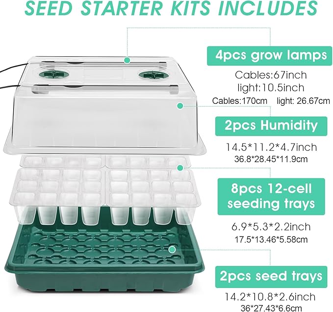 Seed Starter Tray with Grow Light, 96-Cell Seed Starter Kit, Seedling Starter Trays with Humidity Domes, Automatic Timer, Adjustable Light Indoor Gardening Plant Germination Trays