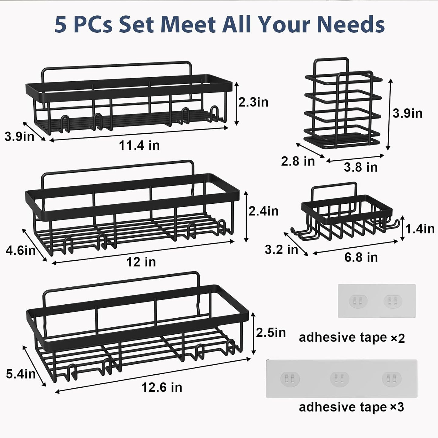 5 Pack Shower Caddy Organizer Rack Shelf for Inside Shower, Adhesive Bathroom Wall Storage Basket Rustproof Stainless Steel Shampoo Holder, Bathroom Accessory Decor Set, Black