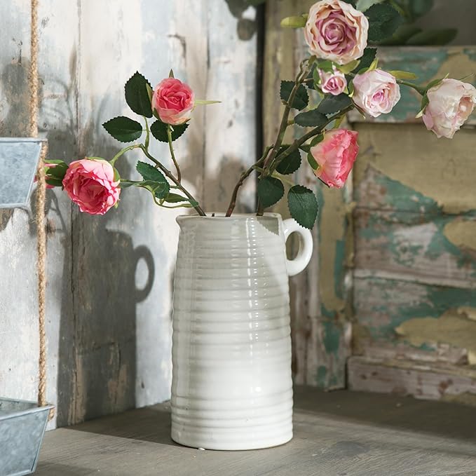 White Ceramic Vase with Small Handle, Modern Farmhouse Pitcher, Milk Jug for Home Decor, Rustic Textured Pottery, Glazed Decorative Centerpiece