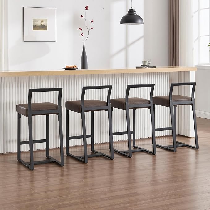 26’’ Modern Bar Stools Set of 6, Upholstered PU Leather Bar Chairs with Backrest Armless Counter Height Stools with Metal Frame for Kitchen Island Dining Room, Grayish Brown