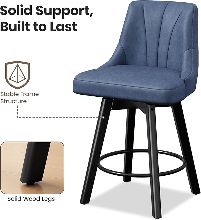 Counter Height Swivel Bar Stool, 24" Upholstered PU Leather Barstools Set of 2, Counter Stool Chair with Back & Solid Wood Legs for Kitchen Island Dining Room (Blue)
