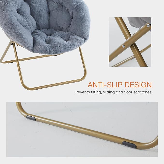 NEWBULIG Comfy Saucer Chairs Soft Lounge Cute Folding Bedroom Living Room Seat Flexible Reading Foldable Seating for Adults Thick Padded Metal Frame Modern for Home Office Gray