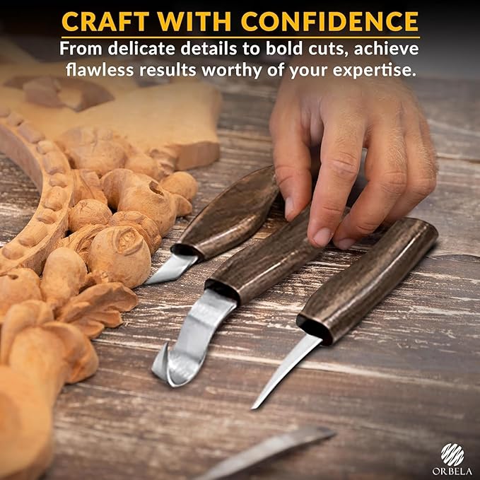 Orbela 16PCS Wood Carving Tools Set Heavy Duty with Leather Roll Bag - Complete Wood Carving Kit for Beginners & Experts, Whittling Knives, Wood Carving Chisels, Sharpening Strop, Gloves Woodworking