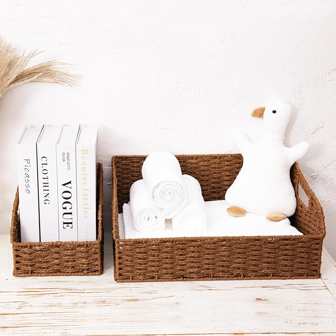 Pantry Organizers, Wicker Storage Baskets for Fruit, Bread, Vegetable, Boho Decorative Basket, Shelf Baskets for Kitchen Counter with Handles, Paper Storage Bins for Shelves, 3 Pack, Brown