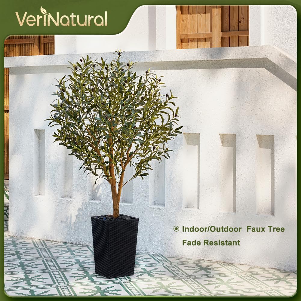 Artificial Olive Tree 5FT, Faux Olive Trees with Real Wood Trunk, UV Resistant Fake Plants in Planter & River Rocks, Indoor Tall Silk Plant for Home Living Room Office Outdoor Decor, VN133