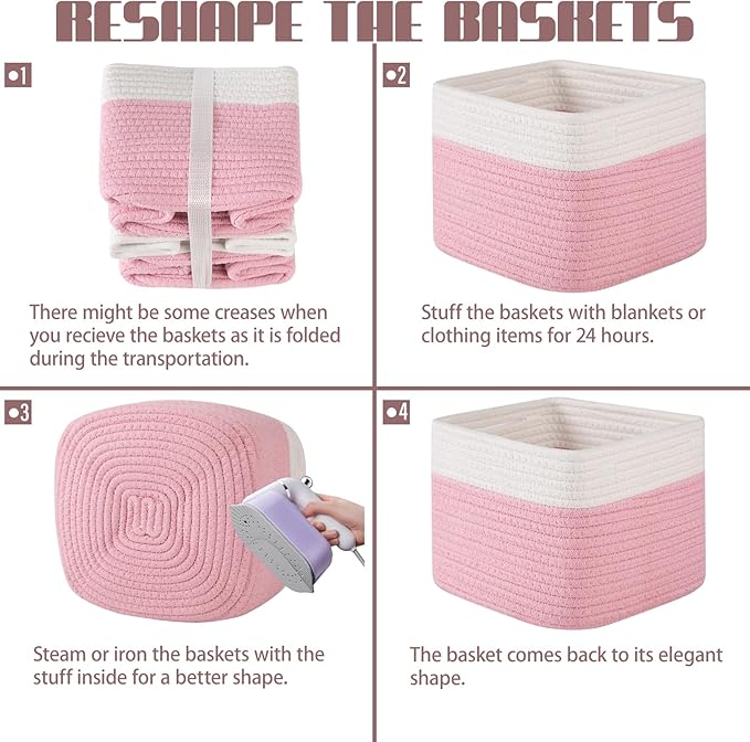 OIAHOMY 9”x9”x7” Storage Cubes, Cotton Rope Woven Baskets for Organizing, Cube Storage Bin, Small Gift Basket for Shelf, 3-Pack, Pink&White