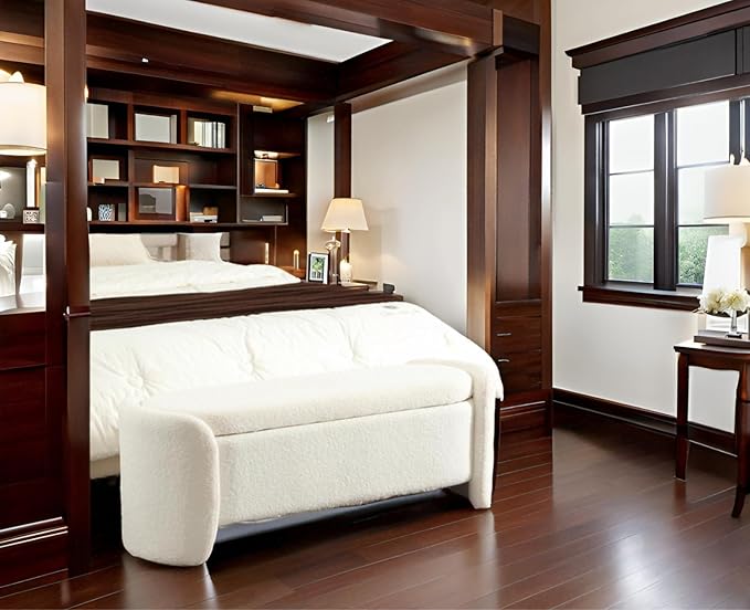 Modern White Storage Ottoman Bench - Upholstered Boucle Teddy Fabric, 50" End of Bed With Sherpa Seating for Bedroom/Entryway/Living Room/Window