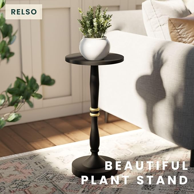 Relso Sceptrum Solid Wood Black Side Table – 24" Tall Round End Table, Narrow Accent for Living Room or Bedroom, Plant Stand or Drink Table, Compact Pedestal Table for Small Spaces | Easy Assembly