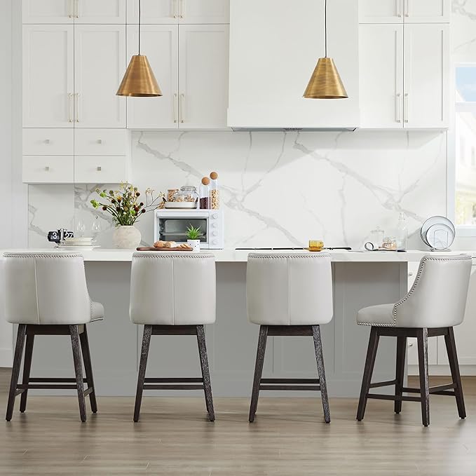 CHITA Counter Height Swivel Bar Stools Set of 4, FSC Certified Upholstered Counter Stools, Modern Swivel Barstools with Wood Legs for Kitchen Island, 26" Seat Height, Faux Leather in Creamy Grey