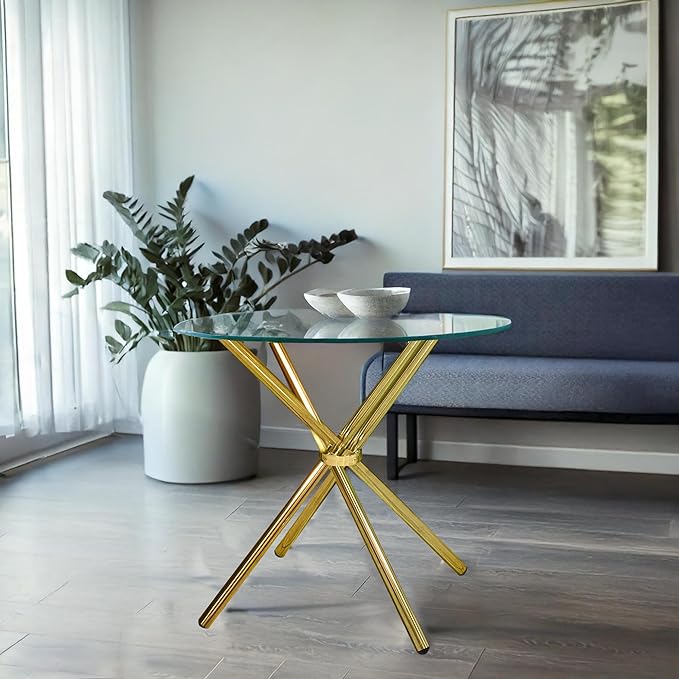 Fab Glass and Mirror 36" Flat Round Hydra Breakfast Table, Clear 1/2" Thick Glass Dining Table Round with Gold Finish Base, Glass Kitchen Table, Elegant Gold Dining Table for Dining Room