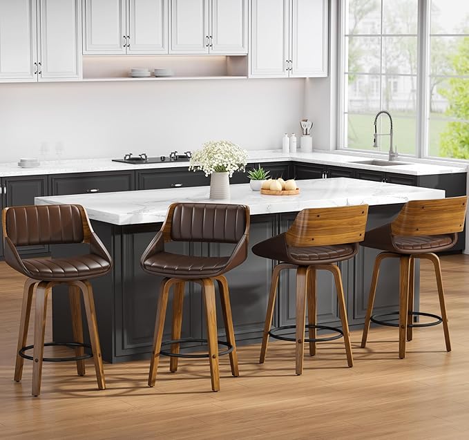 Bar Stools Set of 2, 26" Swivel Counter Height Barstools with Walnut Bentwood Back and Legs, Mid-Century Modern Faux Leather Upholstered Bar Chairs with footrest for Bar, Kitchen Island, café, Brown
