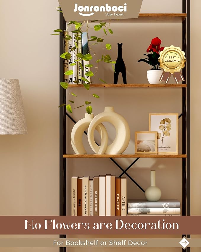 Embrace Donut Vase for Decor, Set of 2 - Modern Design, Boho Style, Beige Natural Ceramic, Decorative Vases for Flower - Home Decor Aesthetic — 7.2" X 8.9" H (Matte Cream White)