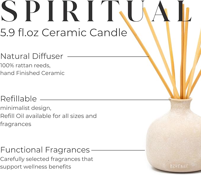 BLUEME Spiritual-Palo Santo & Vetiver, 5.92 Fl Oz Wellness Diffuser, Contains Essential Oil, Sustainable, Hand Finished, Premium, Luxury Ceramic, Natural Rattan Reeds