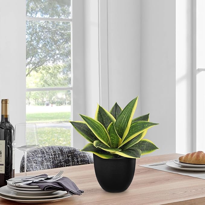 Hollyone Artificial Snake Plants 9" Faux Agave Succulent Plant Potted in Black Pot Fake Sansevieria Aloe Tropical Plant for Desk Modern Office Home Bathroom Indoor Outdoor Decor