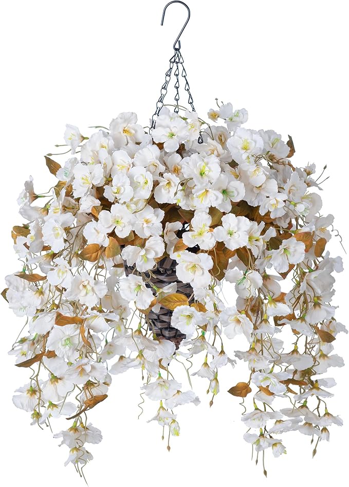Artificial Fake Fall Hanging Flowers Plants Baskets for Outdoor Decoration, 5Pcs Faux Silk Hibiscus Long Vines in Planter UV Resistant Realistic Flower for Outside Home Porch Patio Garden, Fall White