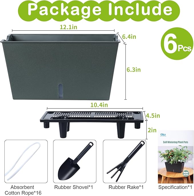 Window Box Planter 6 Pcs, 12.6 Inches Self Watering Rectangle Flower Plant Pots with Drainage Holes & Breathable Trays, Vegetable Planters for Windowsill Patio Garden Balcony Porch Yard (Dark Green)