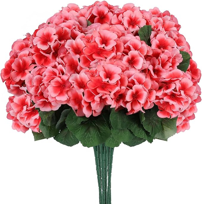 Hananona Artificial Geranium Flowers for Outdoors Geranium Silk Flowers Outdoor UV Resistant Garden Plants Faux Flowers for Home Kitchen Table Centerpieces Decor (12, Peach)