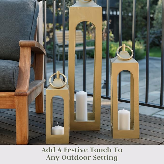 Small Gold Lantern, Rustic Metal Decorative Lantern, Candle Holder for Indoor & Outdoor, Home Decor for Patio, Garden & Tabletop, Hanging Lantern for Parties & Weddings