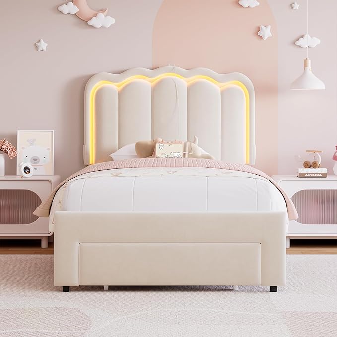 Twin Upholstered LED Bed Frame with Storage Drawer and Adjustable Chic Double Wavy Headboard, Velvet Princess Platform Bed for Kids/Girls, Solid Wood Slats Support, No Box Spring Needed, Beige