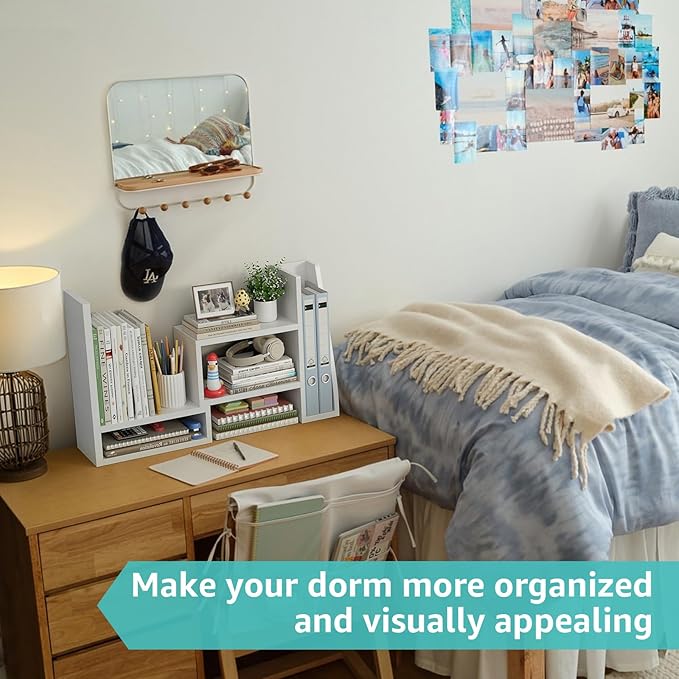 Desktop File Organizer Desk Organizer Shelf - White Office Organization Shelves for Top of Desk Organizers and Accessories Corner Bookshelf Table Top Shelving Small Hutch Decorations for Women Office