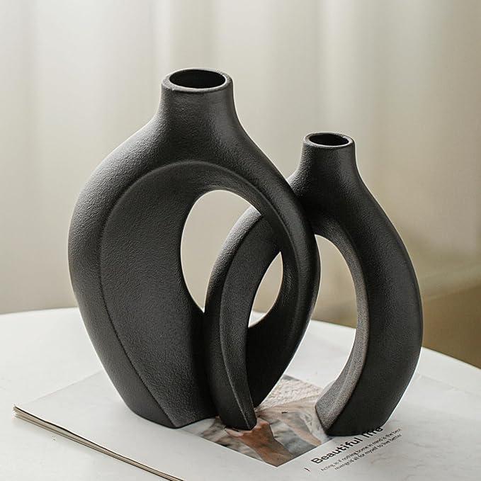 Black Hollow Ceramic Vase Set of 2, Snuggle Round Boho Donut Modern Vase Nordic Minimalist Decorative Vase for Modern Trendy Home Table Centerpiece Decor (W 6.3" X H 8")