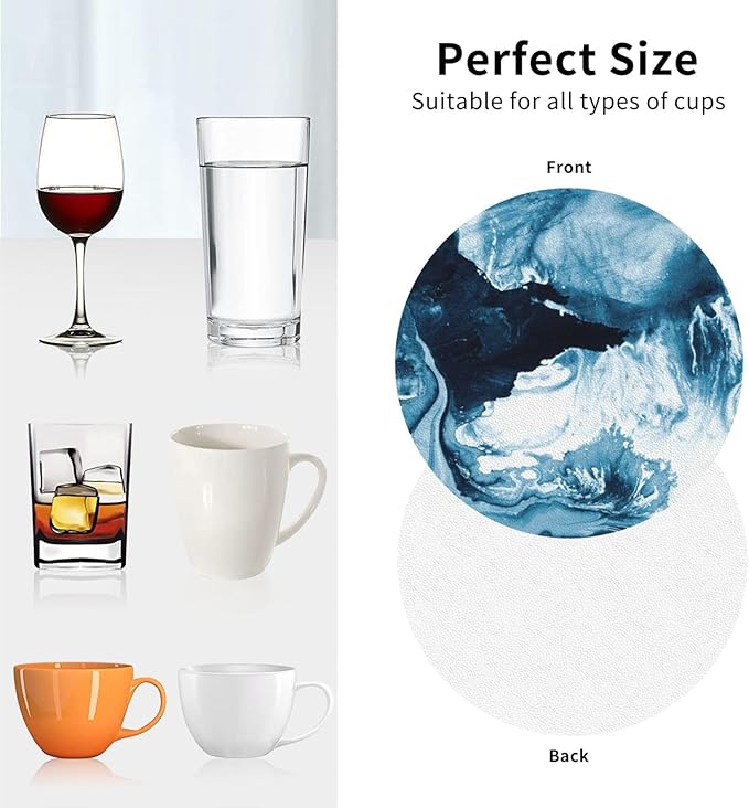 Blue Ocean Marble Coasters Set of 6 Coasters for Drinks Absorbent Double-Sided Leather PVC Coaster for Tabletop Protection Coffee Table Decor Ideal for Home Decor House Warming Gifts