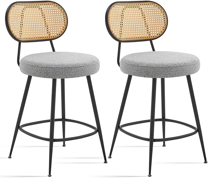 26" Rattan Barstools Set of 2, Counter Height Bar Chair with Black Metal Legs, Modern Armless Sherpa Pub Chair, Adjustable Feetpads Stools for Home Counter, Kitchen Dining Island, Cafe(Grey)