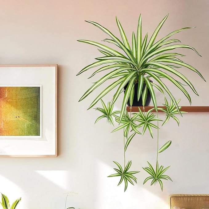 Fake Hanging Plant, Faux Spider Plant in Pot Artificial Grass Plants Faux Chlorophytum Comosum Potted Plants for Home Office Table Shelf Desk Kitchen Bathroom Bedroom Decor Cyan and White