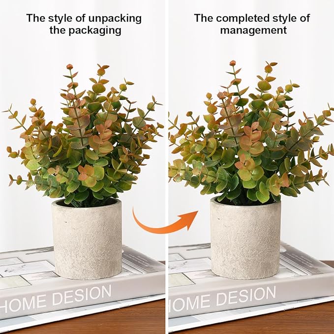 2 Pack Small Fake Plants Fall Eucalyptus Potted Artificial Plants for Home Shelf Office Bathroom Desk Farmhouse Room Coffee Table Decor Fall Decor(Yellow)