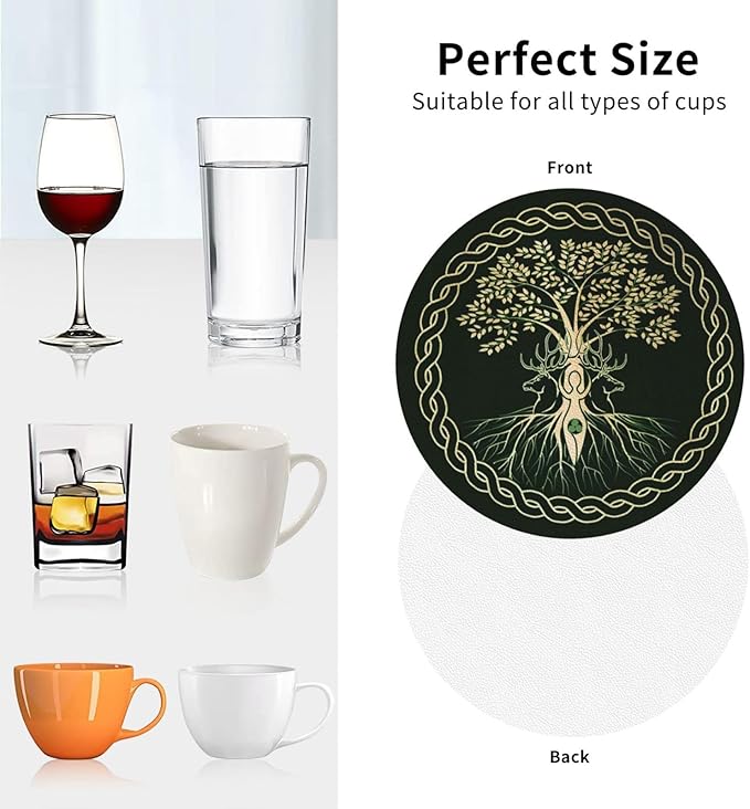 Norse Viking Wicca Yule Yggdrasil Coasters Set of 6 Coasters for Drinks Absorbent Double-Sided Leather PVC Coaster for Tabletop Protection Coffee Table Decor Ideal for Home Decor House Warming Gifts