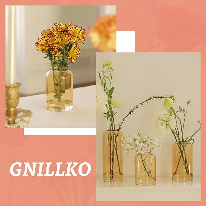 12Pcs Glass Bud Vases Set, Small Flower Vase for Centerpieces, Small Vases for Flowers, Decor Centerpiece for Bathroom, Decorative Vases for House Warming (Amber)