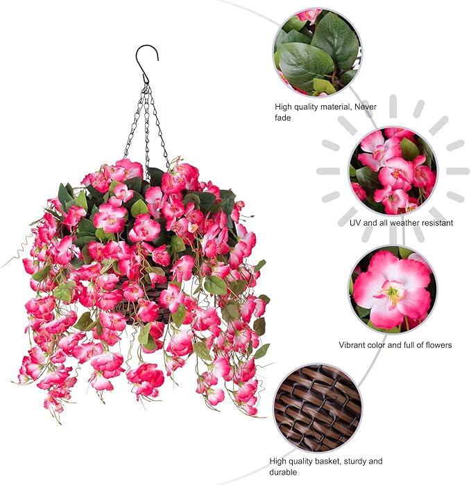 Artificial Fake Hanging Hibiscus Flowers Plants Baskets for Outdoor Decoration, Faux Silk Hibiscus Long Vines in Planter UV Resistant Realistic Flowers for Outside Porch Patio Home Decor, Pink