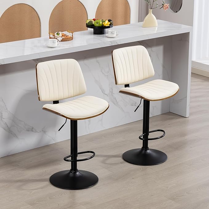 ECOTOUGE Bar Stools Set of 2, Adjustable Swivel Leather BarStools, Modern Mid Century Counter Height Bar Chairs stools with Back & Footrest for Kitchen Island(Ivory White/Beige)