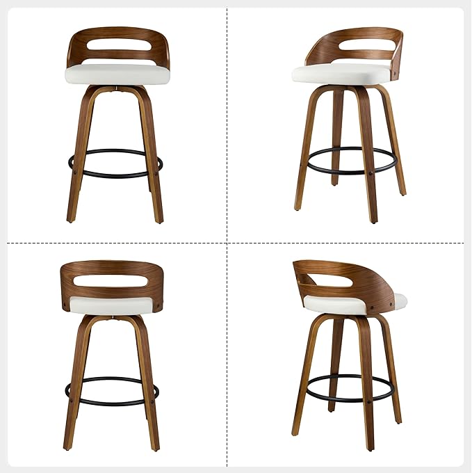 26" Swivel Bar Stools Set of 2, Mid-Century Modern Counter Height Chairs with Beige PU Leather, Curved Backrest & Footrest for Kitchen Island, Home Bar, Dining Room