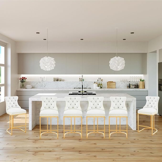 UVV Counter Height Bar Stools Set of 3, 26" Modern Barstools with Back, Faux Leather Upholstery Counter Chairs with Metal Legs for Kitchen Island, Bar, Counter, White