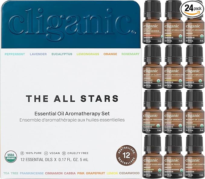 Cliganic Organic Essential Oils Set (Top 12, Pack of 2) - 100% Pure - Peppermint, Lavender, Eucalyptus, Tea Tree, Lemongrass, Rosemary, Frankincense, Orange, Lemon, Cassia, Cedarwood & Grapefruit