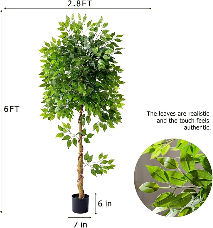 6ft Artificial Ficus Tree for Home Decor, Faux Silk Plants Faux Plant Fake Silk Trees with Pot for Indoor House Living Room Office Garden