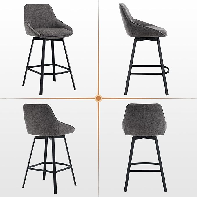 Zesthouse Swivel Counter Height Stools Set of 4, Modern Upholstered Barstools with Backs, 26'' Linen Fabric Counter Height Bar Stools, Metal High Chairs for Island Kitchen, Dark Grey